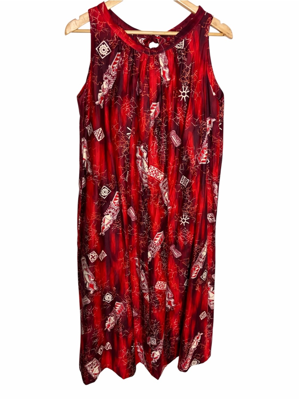 Vintage red Hawaiian  Polynesian Tiki Gods tie back shift mumu dress